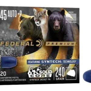Federal P45SHC1 Premium 45ACP+P 240gr Solid Core Synthetic Flat Nose 20 Per Box/10 Case