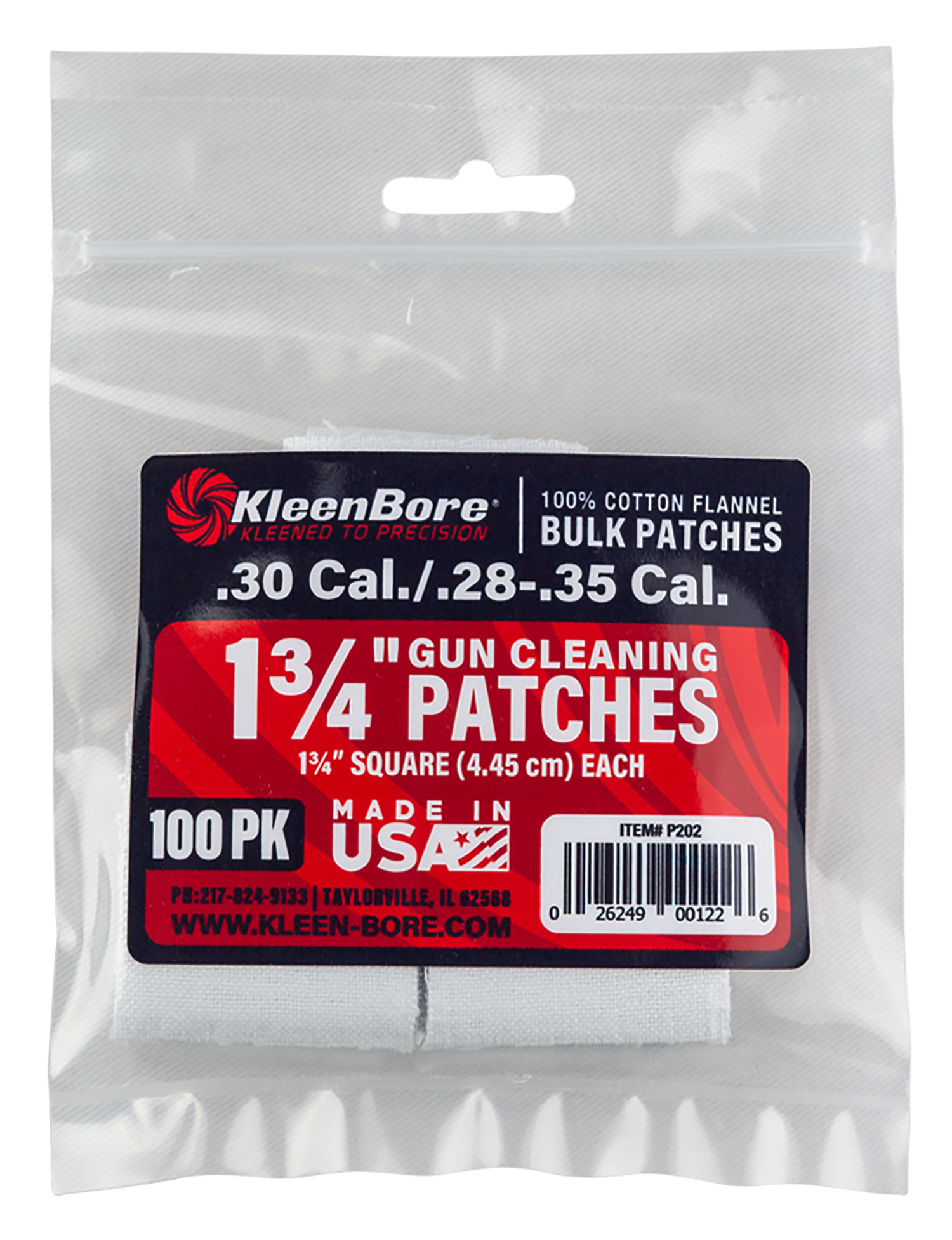 KleenBore P202 Super Shooter .30/ .28 - .35 Cal 1.75" 100% Cotton Flannel 75 Per Pack