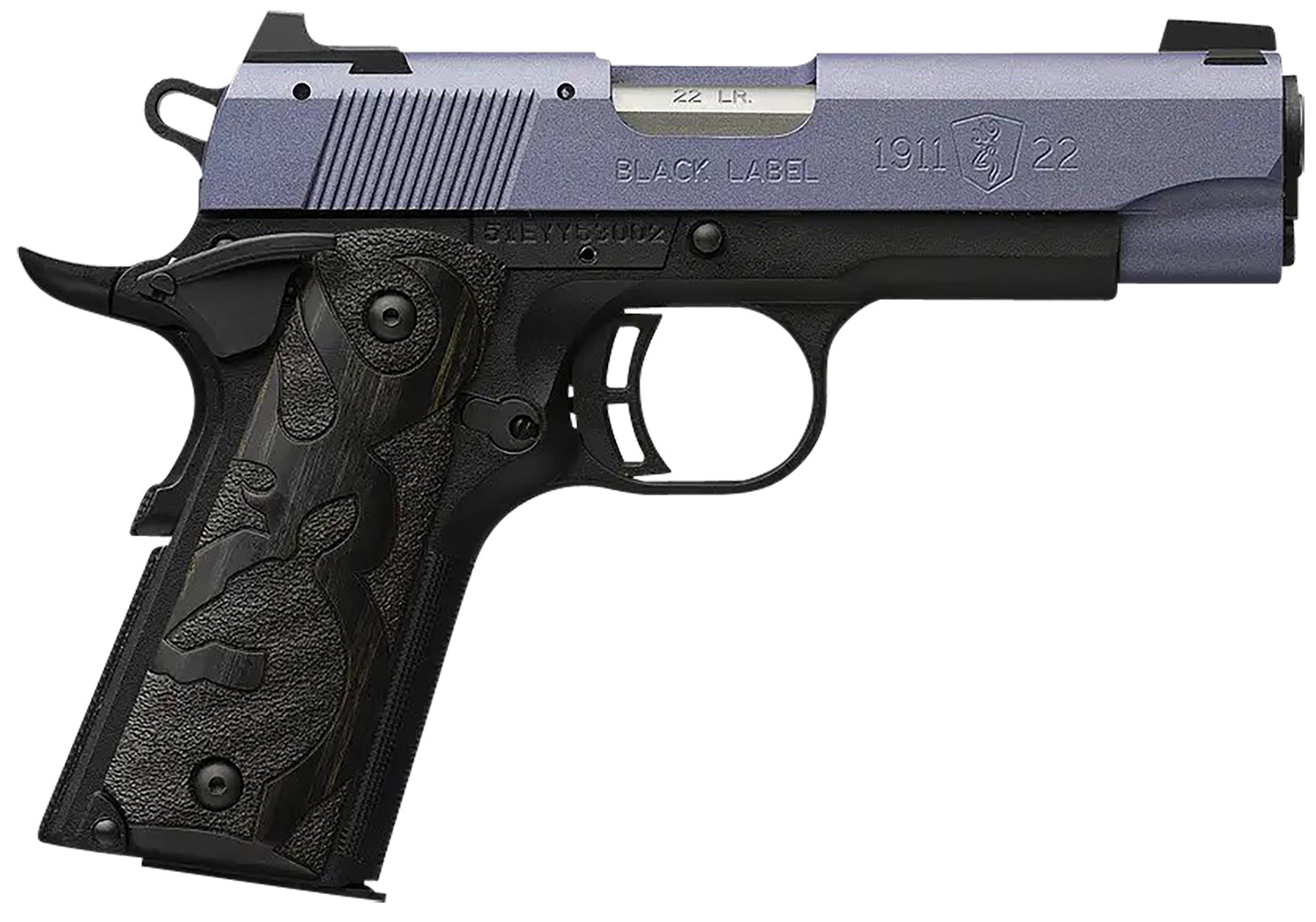 Browning 051894490 1911 Black Label Compact Frame 22 LR 10+1, 3.63" Matte Stainless Steel Barrel, Crushed Orchid Cerakote Serrated Slide, Matte Black Polymer Frame w/Beavertail