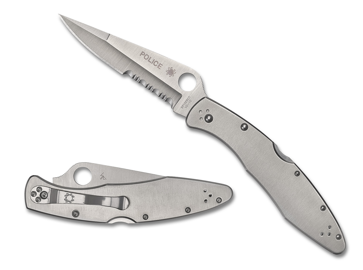 Spyderco C07PS Police 4.13" Folding Plain Satin VG-10 SS Blade/Satin Stainless Steel Handle Includes Pocket Clip