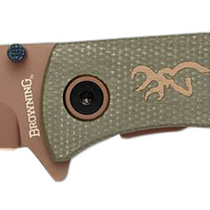 Browning 3220516B Trailside EDC Small 3" Folding Modified Drop Point Plain Titanium Finish D2 Steel Blade, Green Micarta Handle, Boxed Pkg
