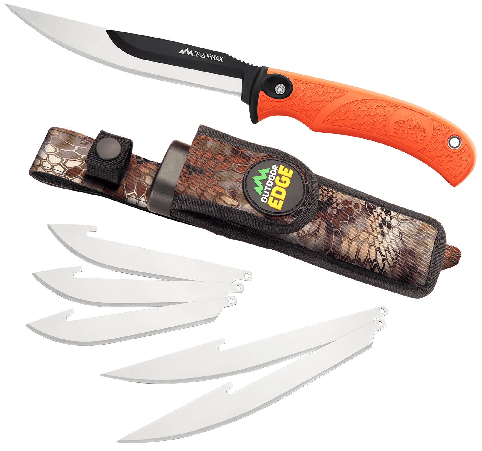 Outdoor Edge RMB20C RazorMax 6 Blades, 3.50" Drop Point/5" Boning Fillet Folding Plain Satin/Black Oxide 420J2 SS Blades, Blaze Orange Textured TPR Handle