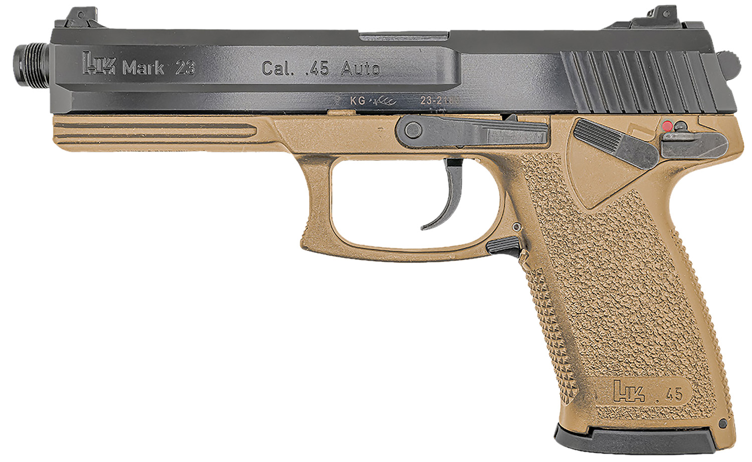 HK 81000869 Mark 23 45 ACP 10+1 5.87" Black Threaded Barrel, Black Cerakote Serrated Steel Slide, Flat Dark Earth Polymer Frame w/Accessory Rail, Textured Grip