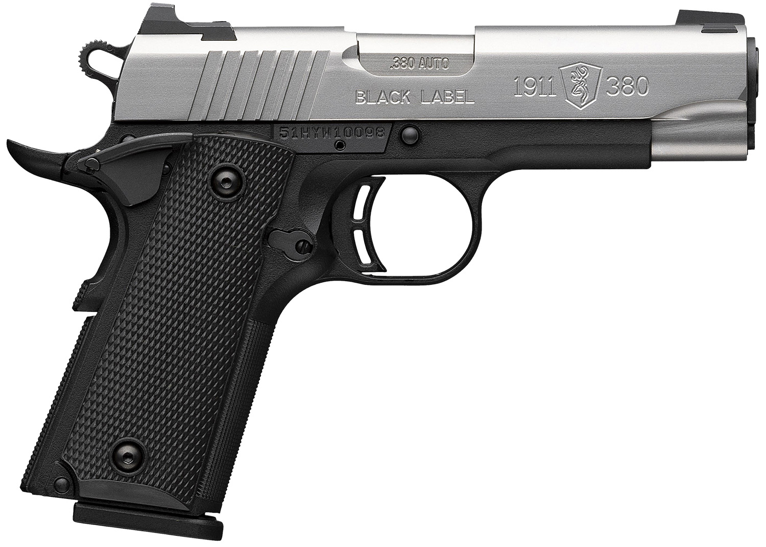 Browning 051119492 1911 Black Label Compact 380 ACP 8+1 3.63" Stainless Steel Barrel, Satin Stainless Steel Serrated Slide, Matte Black Polymer Frame, Black Polymer Grip
