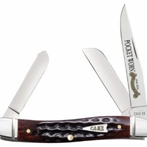 Case 55232 Pocket Worn Stockman Medium Folding Clip Point/Pen/Sheepsfoot Plain Tru-Sharp SS Blade, Mahogany Corn Cob Jigged Bone Handle