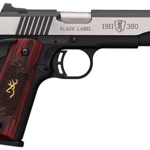 Browning 051912492 1911-380 Black Label Medallion Pro 380 ACP 8+1 4.25" Target Crown Barrel, Blackened w/Silver Polished Flats Serrated SS Slide, Matte Black Polymer Frame w/Beavertail