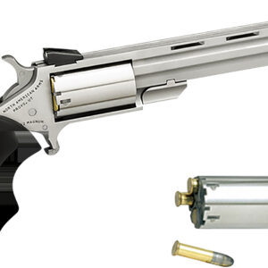 North American Arms MMC Mini-Master *CA Compliant 22 LR 22 WMR 5 Shot 4" Stainless Vent Rib Barrel, Stainless Steel Frame & Cylinder, Black Finger Grooved Rubber Grip, Exposed Hammer