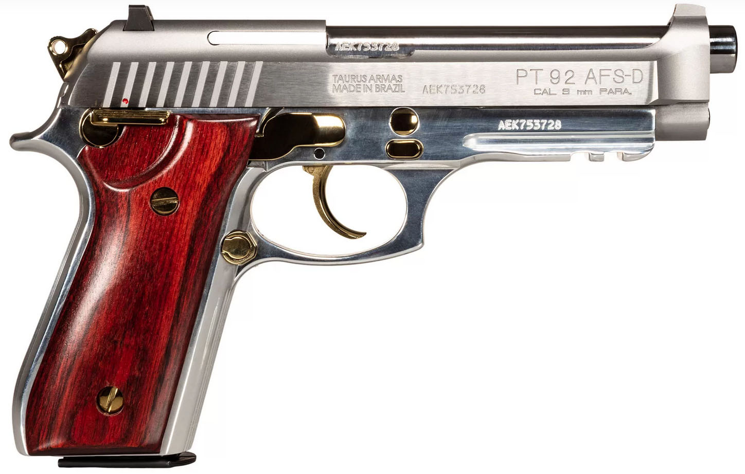 TAU PT92 9MM 5 SS GOLD ACCENT WOOD GRIPS 2 17RD