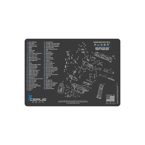 RUGER SR22 SCHEMATIC HANDGUN MAT - CHARCOAL GRAY/CERUS BLUE, 12" X 17"